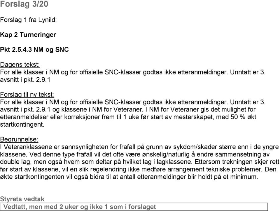 I NM for Veteraner gis det mulighet for etteranmeldelser eller korreksjoner frem til 1 uke før start av mesterskapet, med 50 % økt startkontingent.