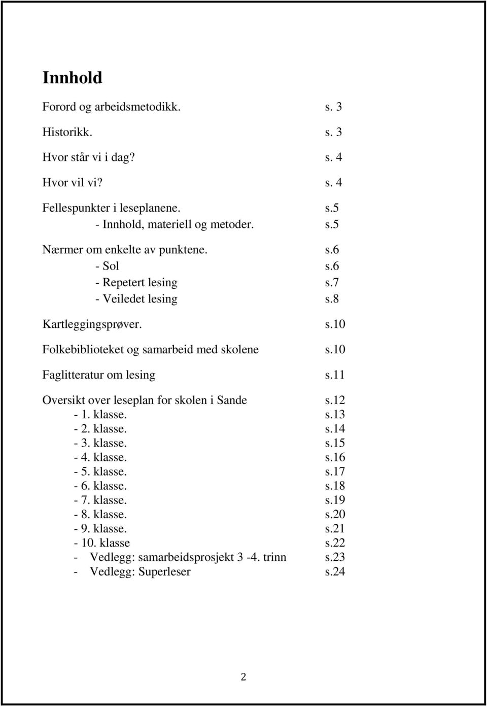 10 Faglitteratur om lesing s.11 Oversikt over leseplan for skolen i Sande s.12-1. klasse. s.13-2. klasse. s.14-3. klasse. s.15-4. klasse. s.16-5. klasse. s.17-6.