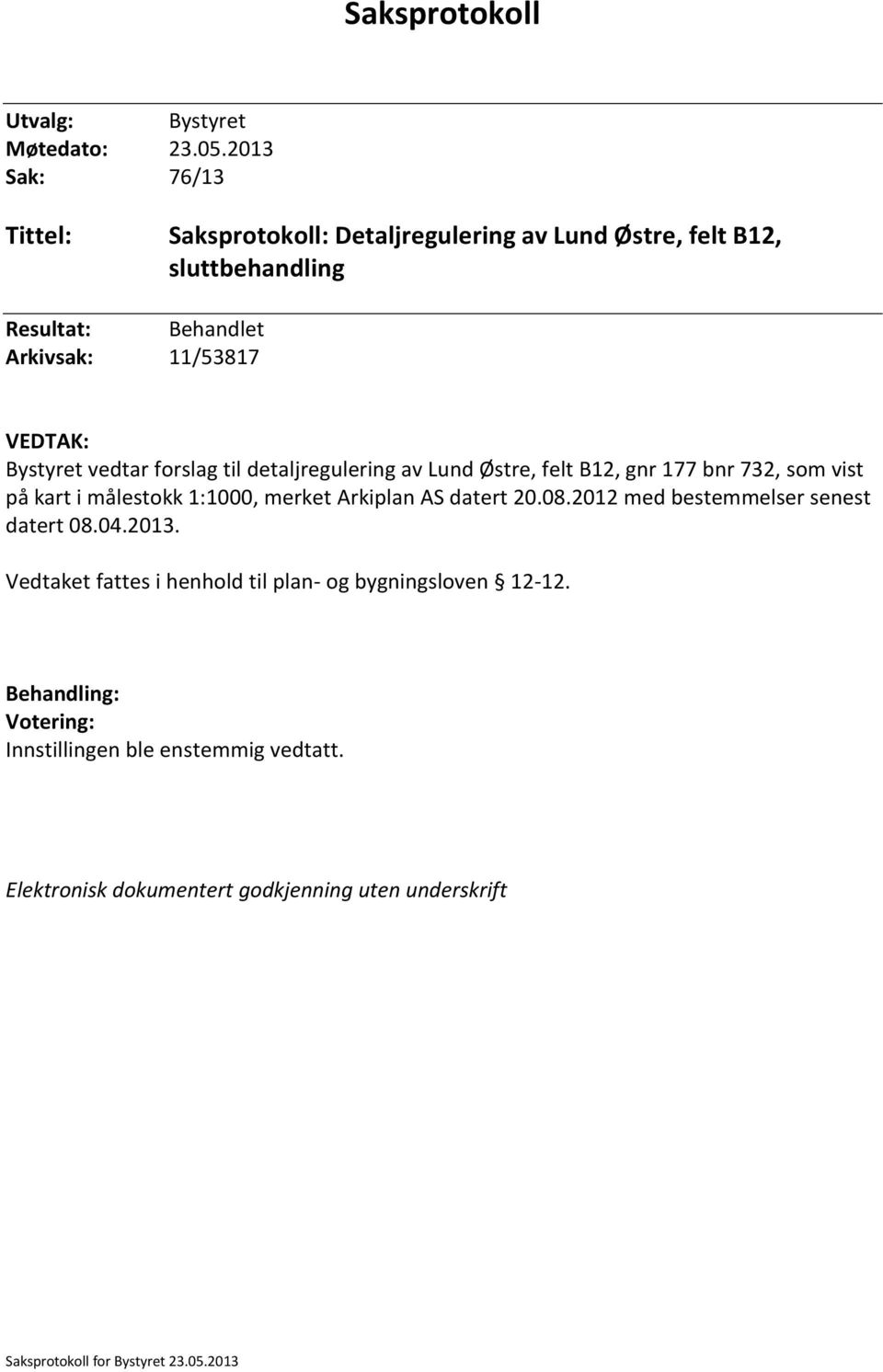 Bystyret vedtar forslag til detaljregulering av Lund Østre, felt B12, gnr 177 bnr 732, som vist på kart i målestokk 1:1000, merket Arkiplan AS datert