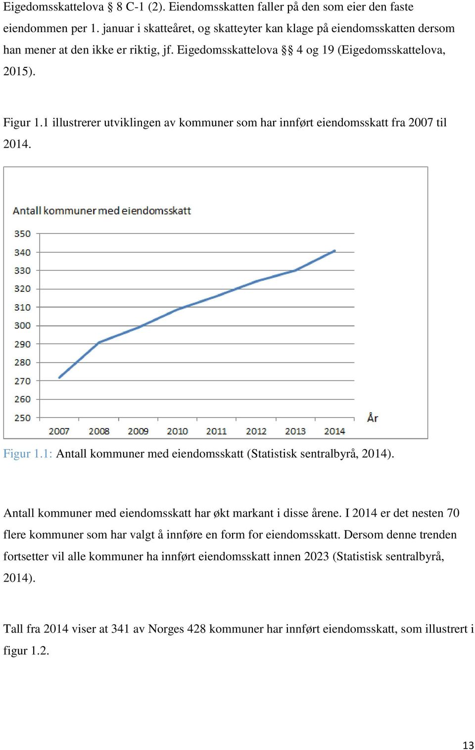 1 illustrerer utviklingen av kommuner som har innført eiendomsskatt fra 2007 til 2014. Figur 1.1: Antall kommuner med eiendomsskatt (Statistisk sentralbyrå, 2014).