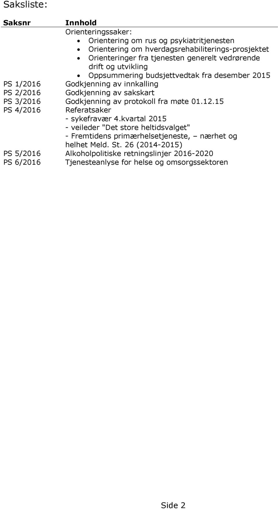 sakskart PS 3/2016 Godkjenning av protokoll fra møte 01.12.15 PS 4/2016 Referatsaker - sykefravær 4.