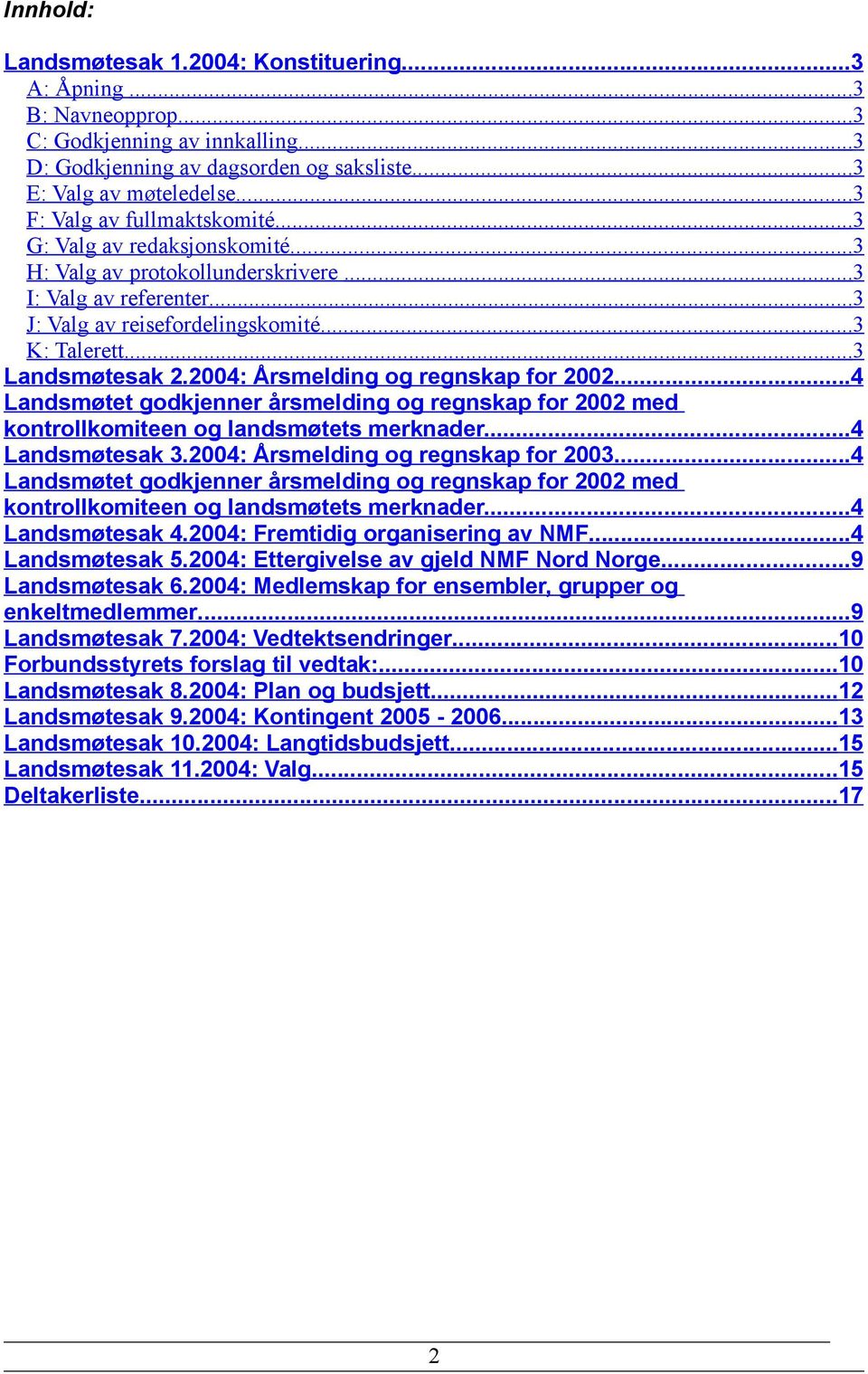 2004: Årsmelding og regnskap for 2002...4 Landsmøtet godkjenner årsmelding og regnskap for 2002 med kontrollkomiteen og landsmøtets merknader....4 Landsmøtesak 3.2004: Årsmelding og regnskap for 2003.