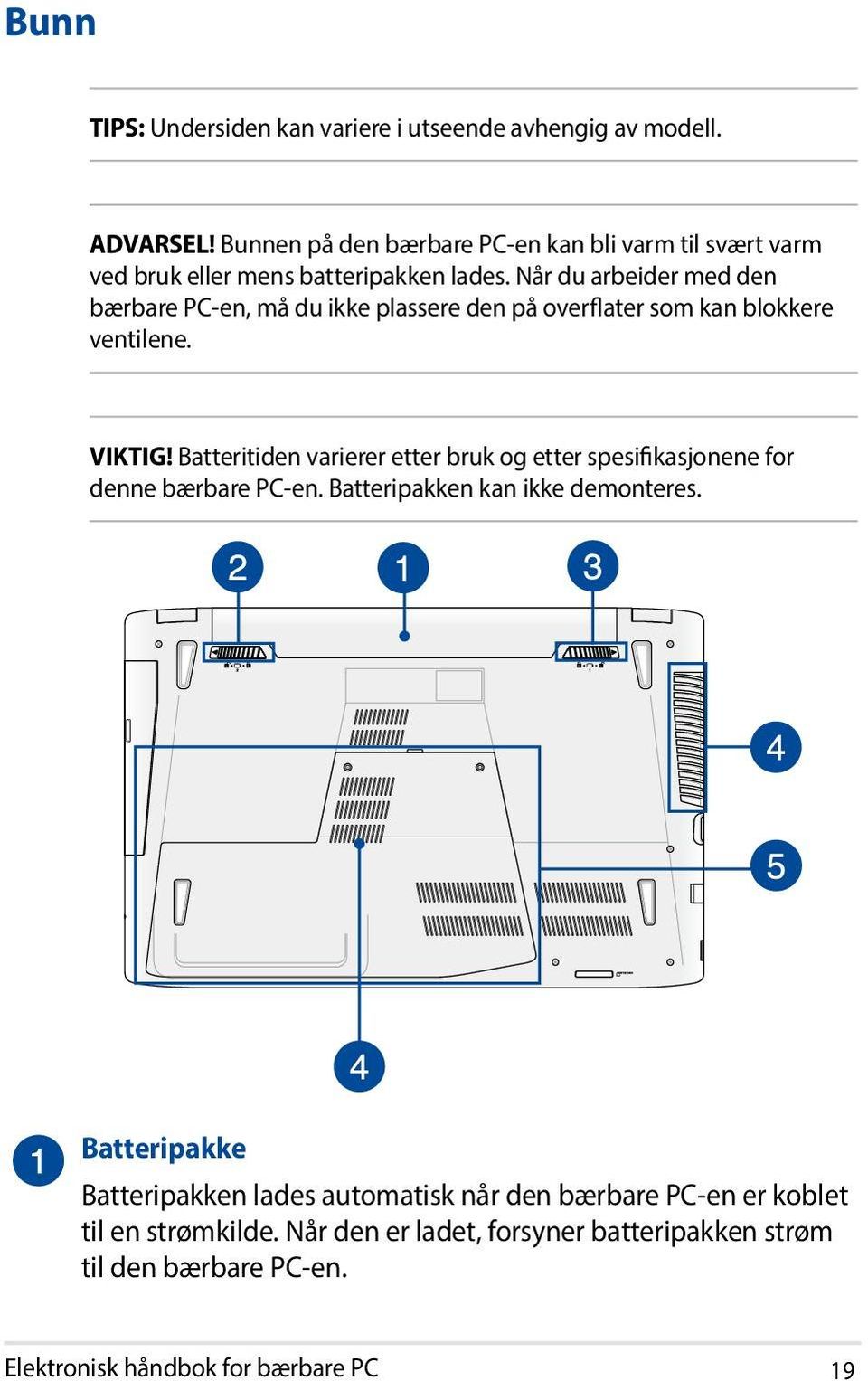 Når du arbeider med den bærbare PC-en, må du ikke plassere den på overflater som kan blokkere ventilene. VIKTIG!