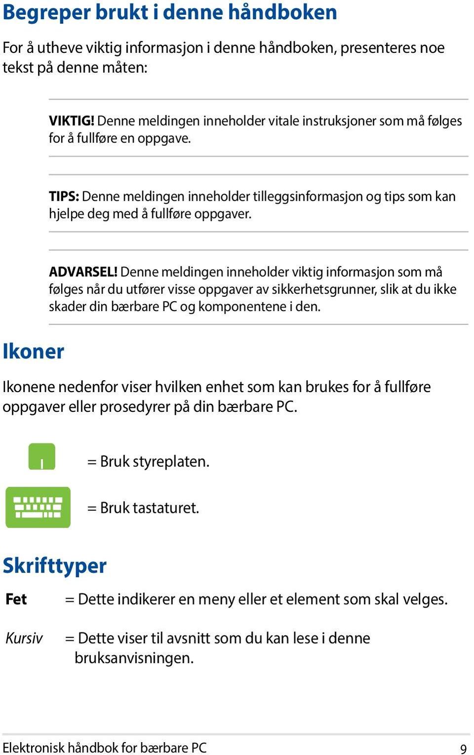 Ikoner ADVARSEL! Denne meldingen inneholder viktig informasjon som må følges når du utfører visse oppgaver av sikkerhetsgrunner, slik at du ikke skader din bærbare PC og komponentene i den.