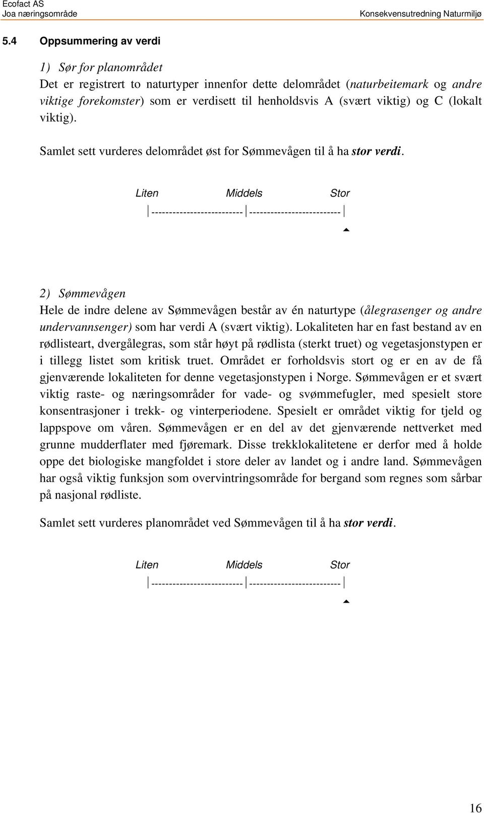 Liten Middels Stor -------------------------- -------------------------- 2) Sømmevågen Hele de indre delene av Sømmevågen består av én naturtype (ålegrasenger og andre undervannsenger) som har verdi