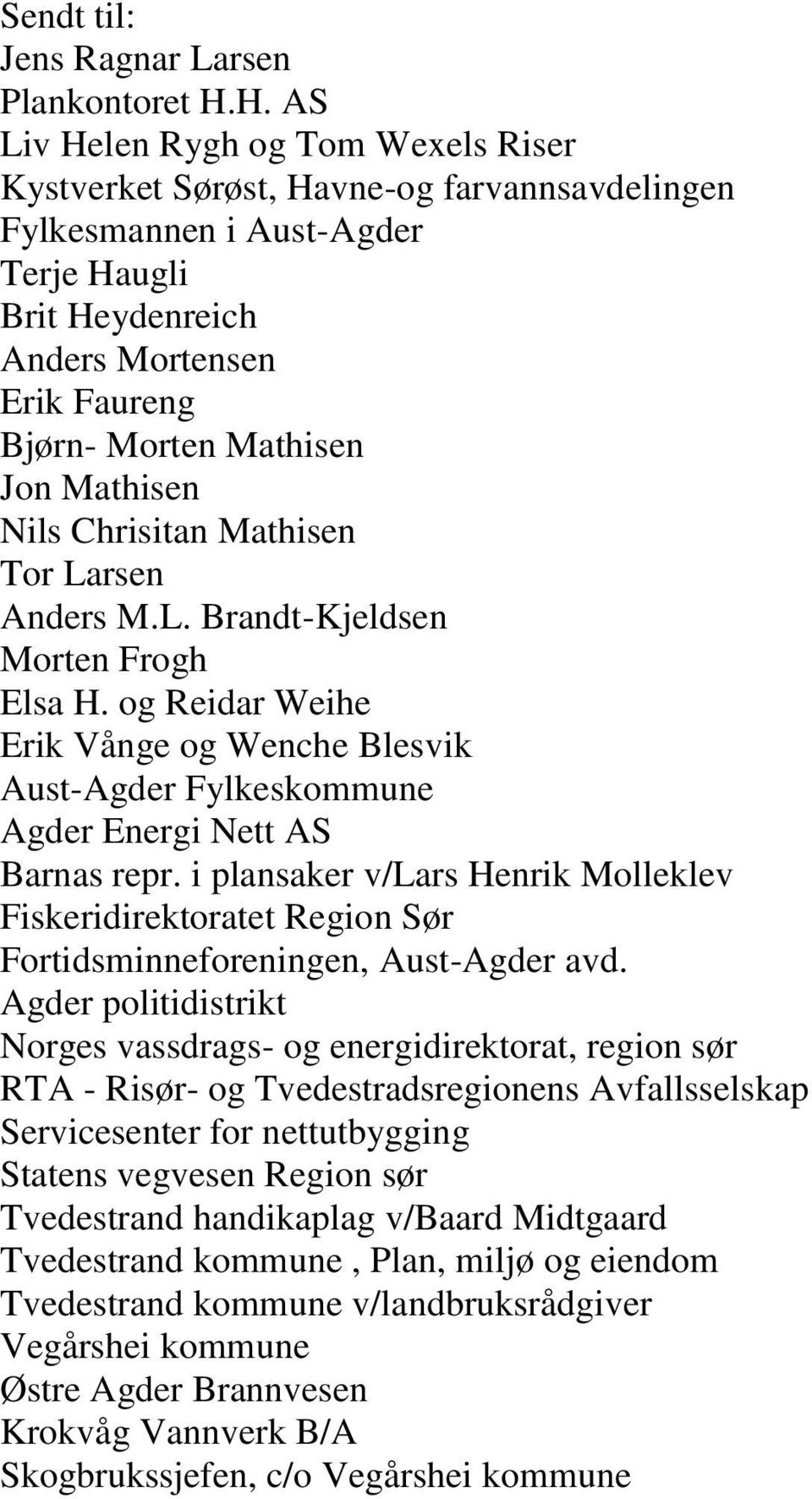 Jon Mathisen Nils Chrisitan Mathisen Tor Larsen Anders M.L. Brandt-Kjeldsen Morten Frogh Elsa H. og Reidar Weihe Erik Vånge og Wenche Blesvik Aust-Agder Fylkeskommune Agder Energi Nett AS Barnas repr.