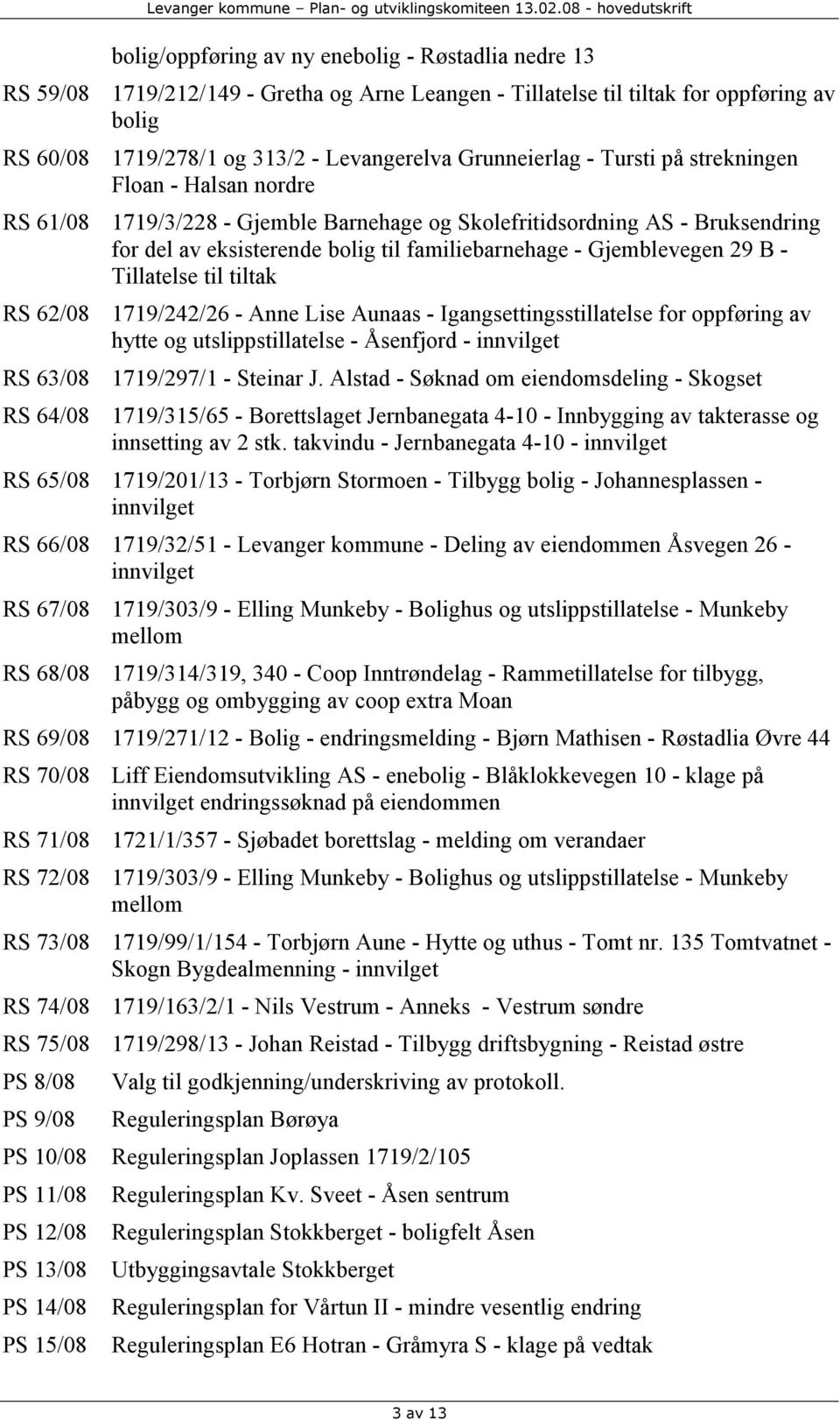 Gjemblevegen 29 B - Tillatelse til tiltak RS 62/08 1719/242/26 - Anne Lise Aunaas - Igangsettingsstillatelse for oppføring av hytte og utslippstillatelse - Åsenfjord - innvilget RS 63/08 1719/297/1 -