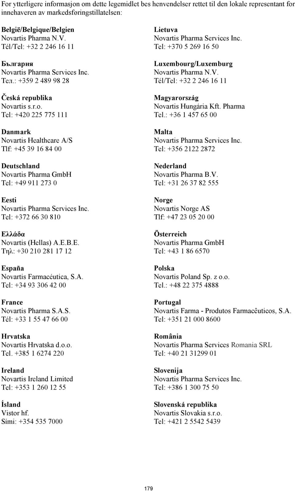artis s.r.o. Tel: +420 225 775 111 Danmark Novartis Healthcare A/S Tlf: +45 39 16 84 00 Deutschland Novartis Pharma GmbH Tel: +49 911 273 0 Eesti Tel: +372 66 30 810 Ελλάδα Novartis (Hellas) A.E.B.E. Τηλ: +30 210 281 17 12 España Novartis Farmacéutica, S.