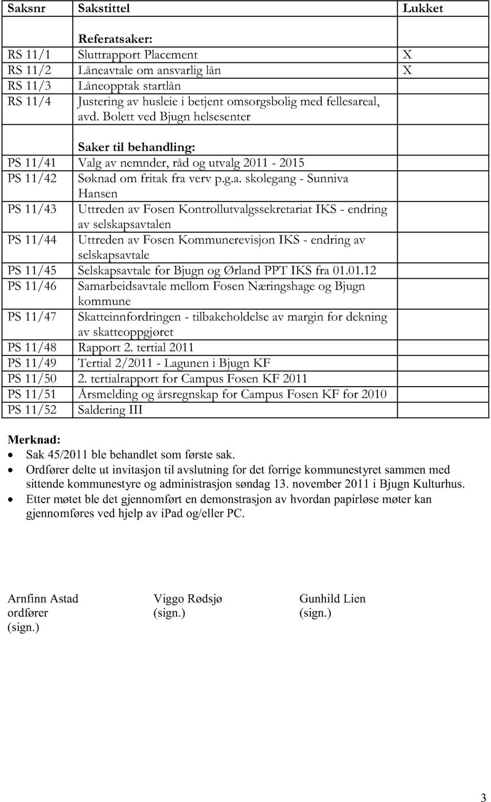 eal, avd. Bolett ved Bjugn helsesenter Saker til behandling: PS 11/41 Valg av nemnder, råd og utvalg 2011-2015 PS 11/42 Søknad om fritak fra verv p.g.a. skolegang - Sunniva Hansen PS 11/43 Uttreden