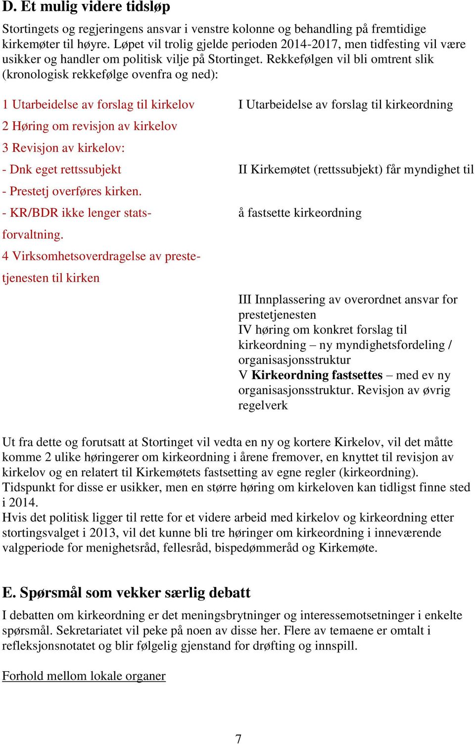 Rekkefølgen vil bli omtrent slik (kronologisk rekkefølge ovenfra og ned): 1 Utarbeidelse av forslag til kirkelov I Utarbeidelse av forslag til kirkeordning 2 Høring om revisjon av kirkelov 3 Revisjon