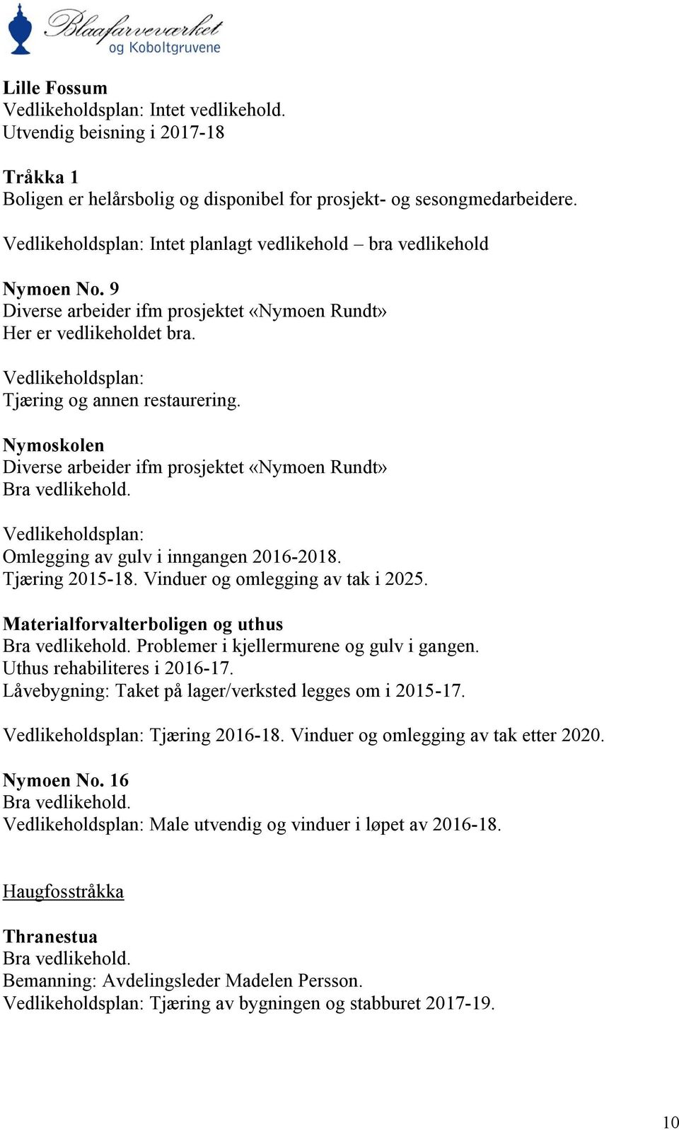 Nymoskolen Diverse arbeider ifm prosjektet «Nymoen Rundt» Bra vedlikehold. Vedlikeholdsplan: Omlegging av gulv i inngangen 2016-2018. Tjæring 2015-18. Vinduer og omlegging av tak i 2025.