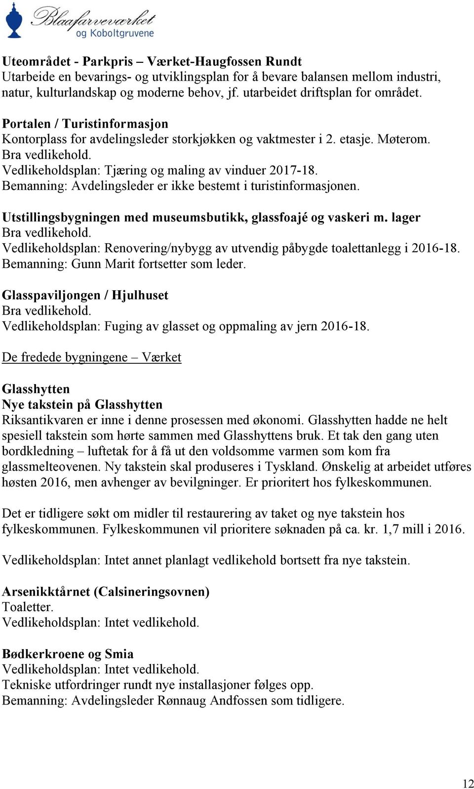 Vedlikeholdsplan: Tjæring og maling av vinduer 2017-18. Bemanning: Avdelingsleder er ikke bestemt i turistinformasjonen. Utstillingsbygningen med museumsbutikk, glassfoajé og vaskeri m.