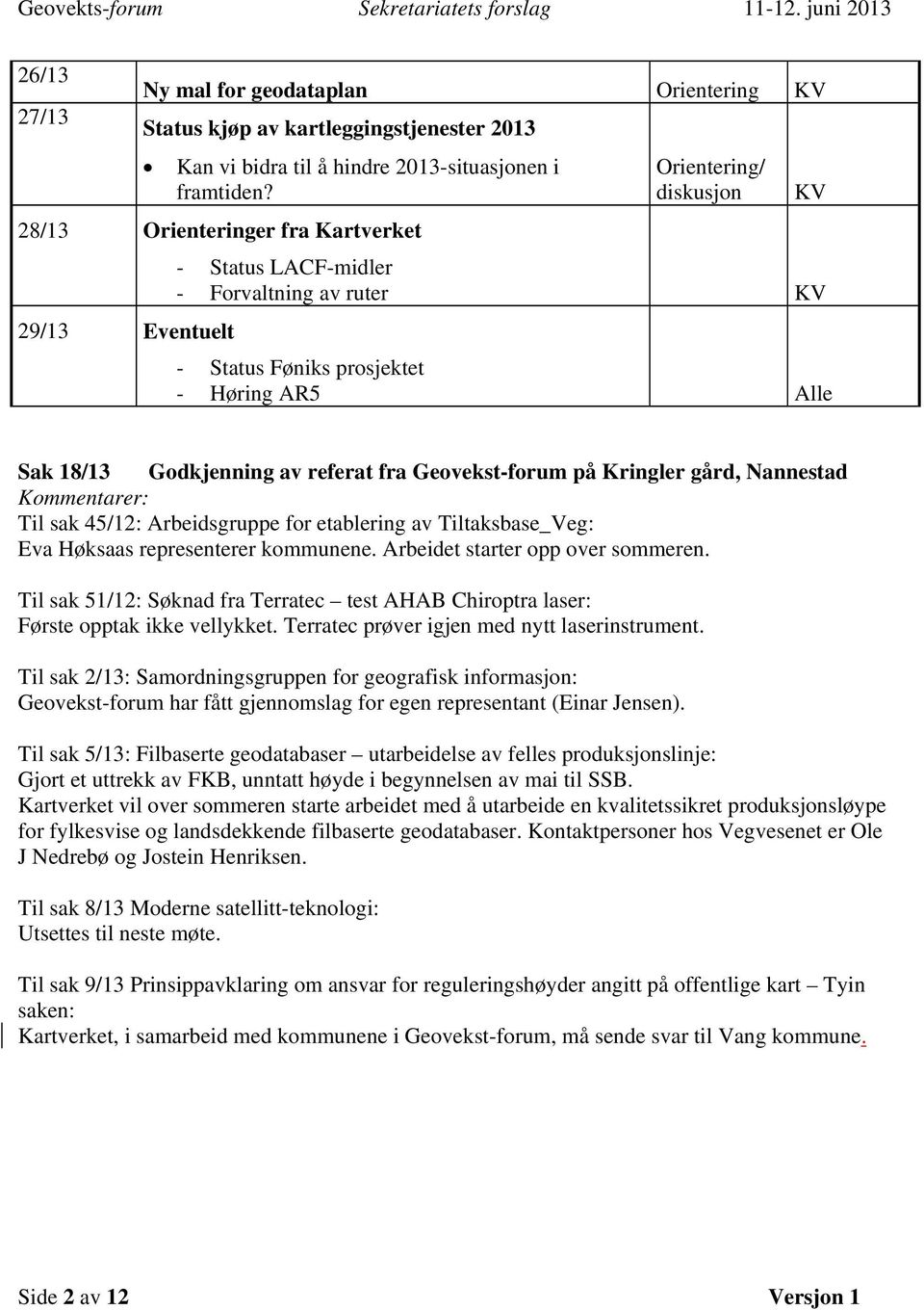 referat fra Geovekst-forum på Kringler gård, Nannestad Kommentarer: Til sak 45/12: Arbeidsgruppe for etablering av Tiltaksbase_Veg: Eva Høksaas representerer kommunene.