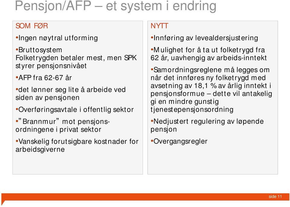 Innføring av levealdersjustering Mulighet for å ta ut folketrygd fra 62 år, uavhengig av arbeids-inntekt Samordningsreglene må legges om når det innføres ny folketrygd med