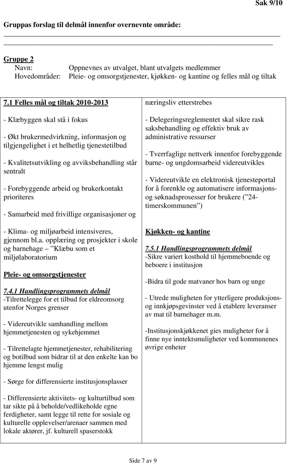 1 Felles mål og tiltak 2010-2013 - Klæbyggen skal stå i fokus - Økt brukermedvirkning, informasjon og tilgjengelighet i et helhetlig tjenestetilbud - Kvalitetsutvikling og avviksbehandling står