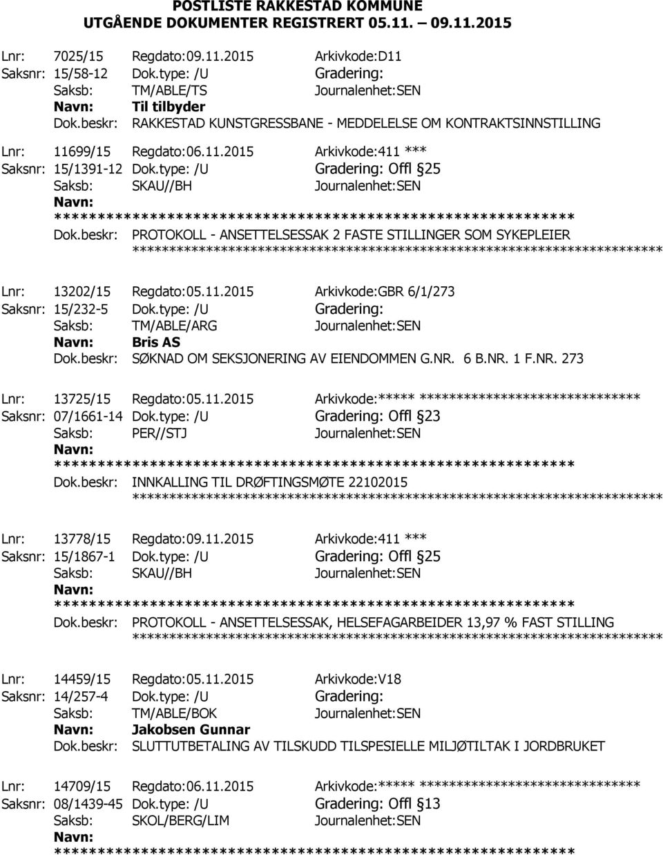 99/15 Regdato:06.11.2015 Arkivkode:411 *** Saksnr: 15/1391-12 Dok.type: /U Gradering: Offl 25 Saksb: SKAU//BH Journalenhet:SEN Dok.