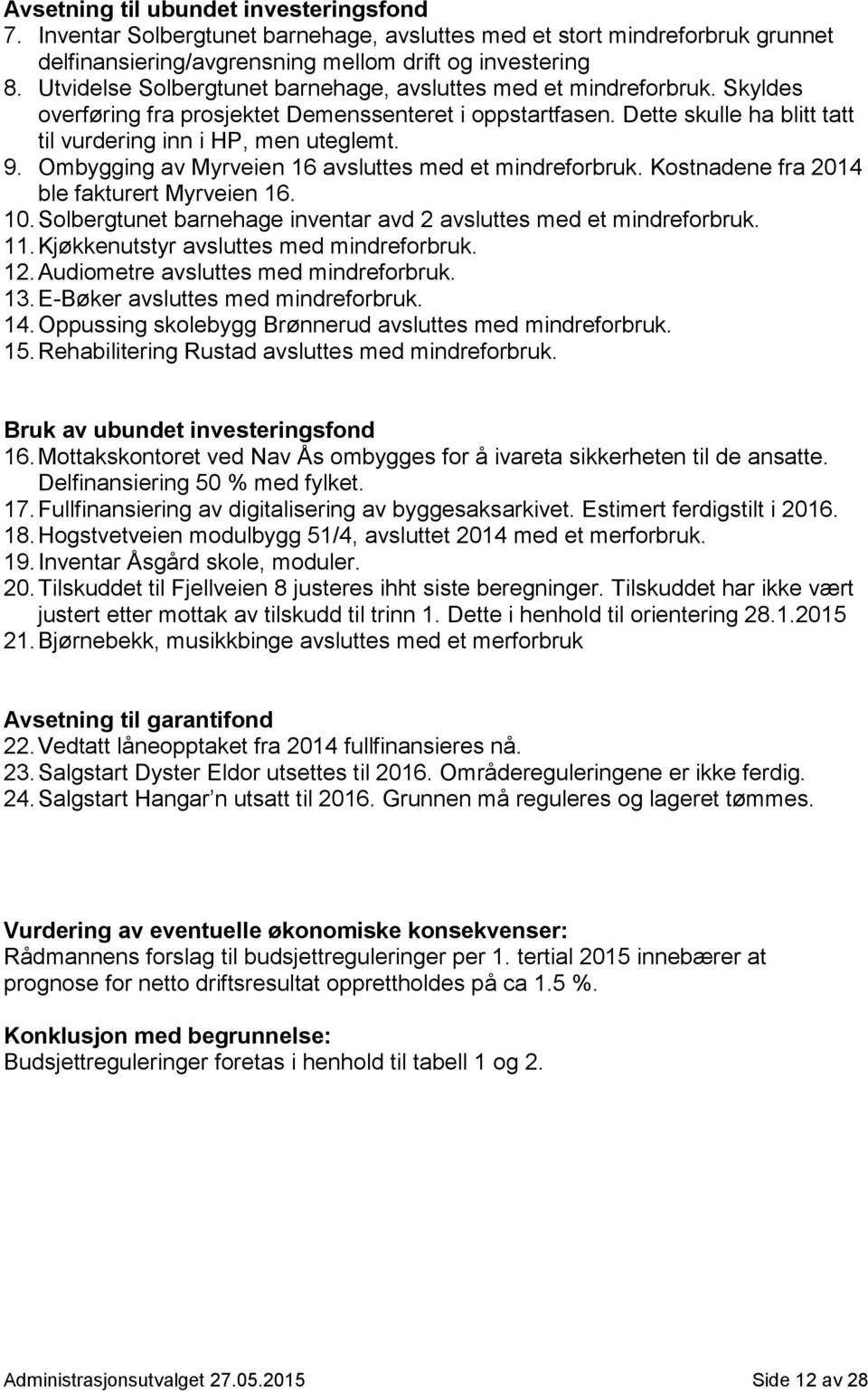 Ombygging av Myrveien 16 avsluttes med et mindreforbruk. Kostnadene fra 2014 ble fakturert Myrveien 16. 10. Solbergtunet barnehage inventar avd 2 avsluttes med et mindreforbruk. 11.