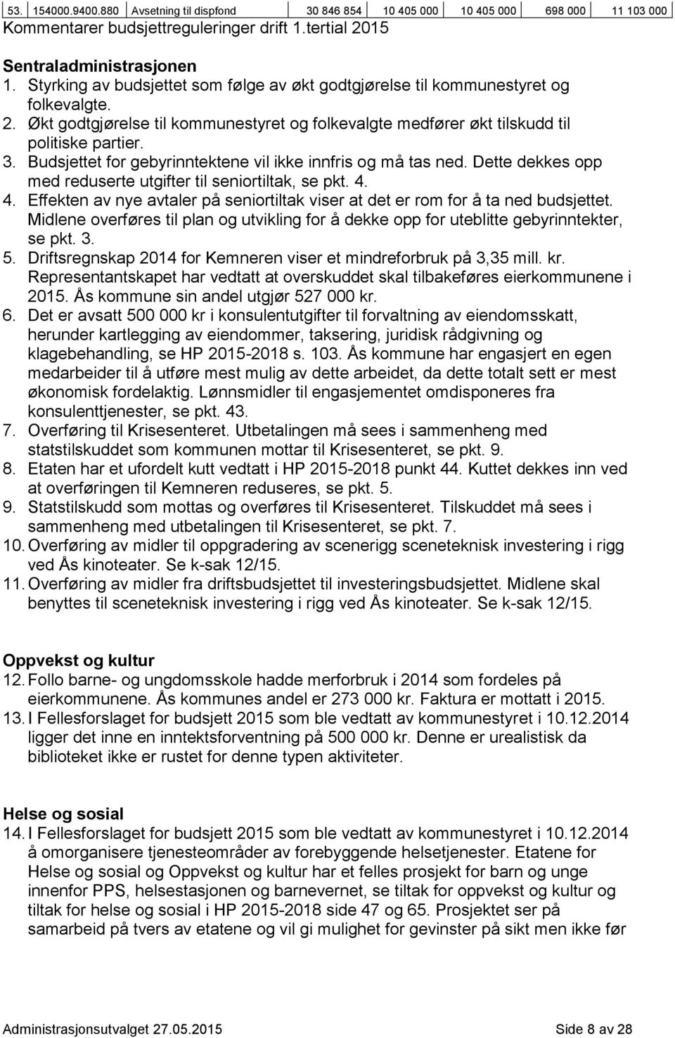 Budsjettet for gebyrinntektene vil ikke innfris og må tas ned. Dette dekkes opp med reduserte utgifter til seniortiltak, se pkt. 4.