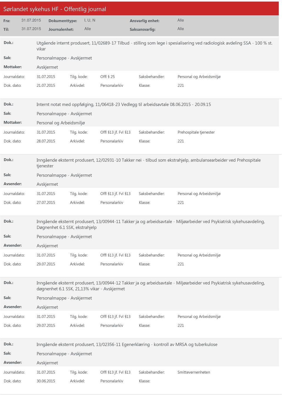 2015 Arkivdel: Personalarkiv Inngående eksternt produsert, 12/02931-10 Takker nei - tilbud som ekstrahjelp, ambulansearbeider ved Prehospitale tjenester Personalmappe - Dok. dato: 27.07.