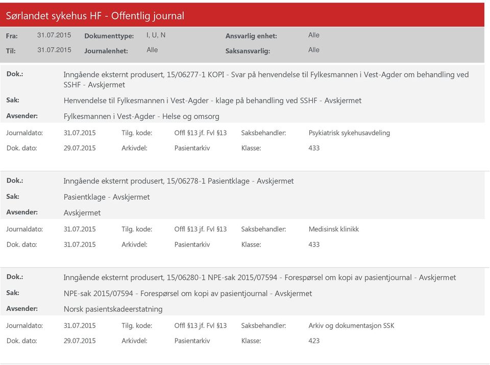 2015 Arkivdel: Pasientarkiv Inngående eksternt produsert, 15/06278-1 Pasientklage - Pasientklage - Dok.