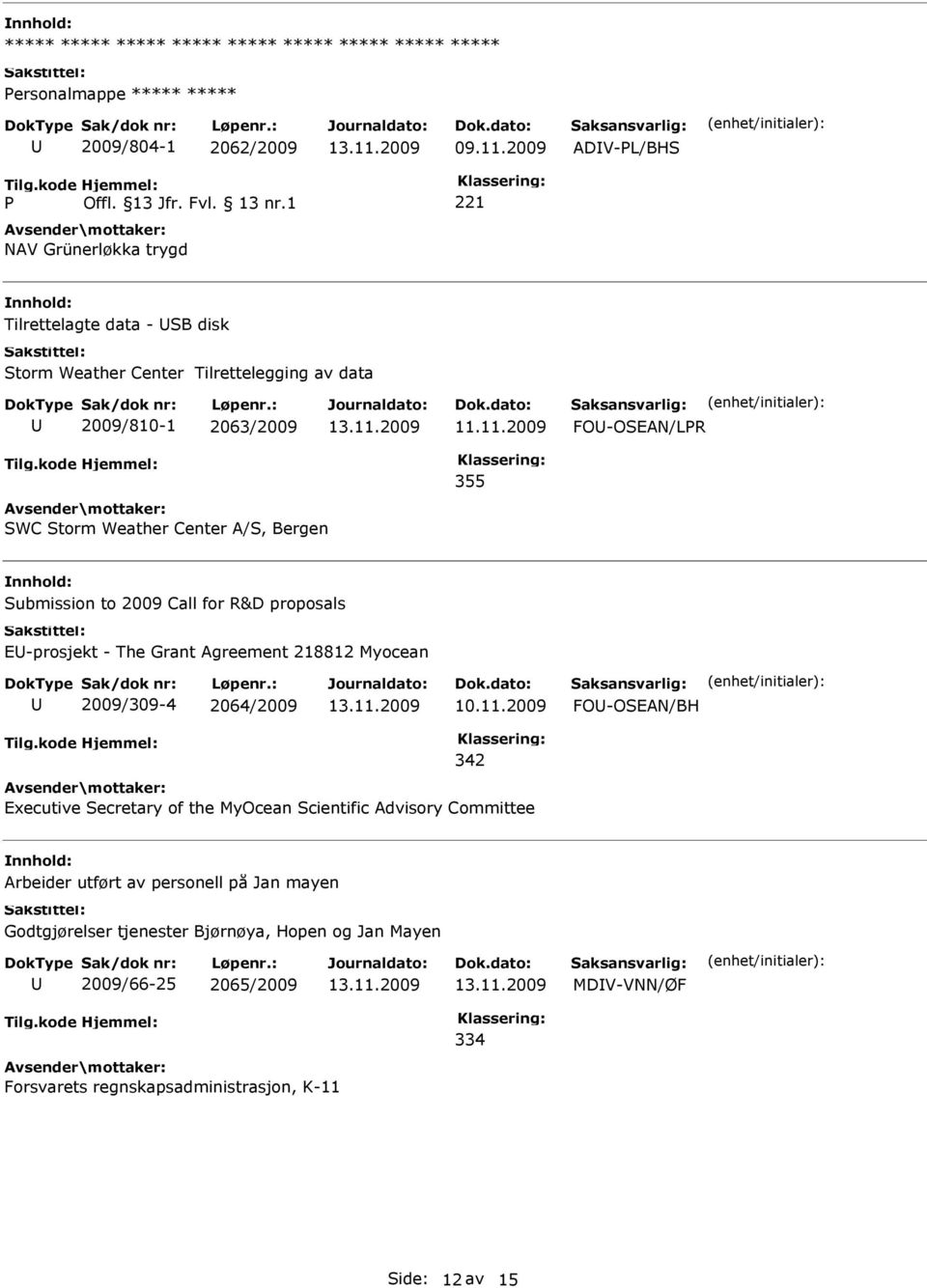 Agreement 218812 Myocean 2009/309-4 2064/2009 FO-OSEAN/BH 342 Executive Secretary of the MyOcean Scientific Advisory Committee Arbeider utført av