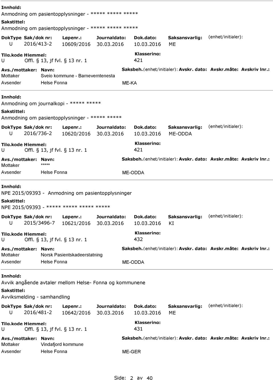 03.2016 ME-ODDA ME-ODDA NE 2015/09393 - Anmodning om pasientopplysninger NE 2015/09393 - ***** ***** ***** ***** 2015/3496-7 10621/2016 10.03.2016 K 432 Mottaker Norsk asientskadeerstatning ME-ODDA Avvik angående avtaler mellom Helse- Fonna og kommunene Avviksmelding - samhandling 2016/481-2 10642/2016 10.
