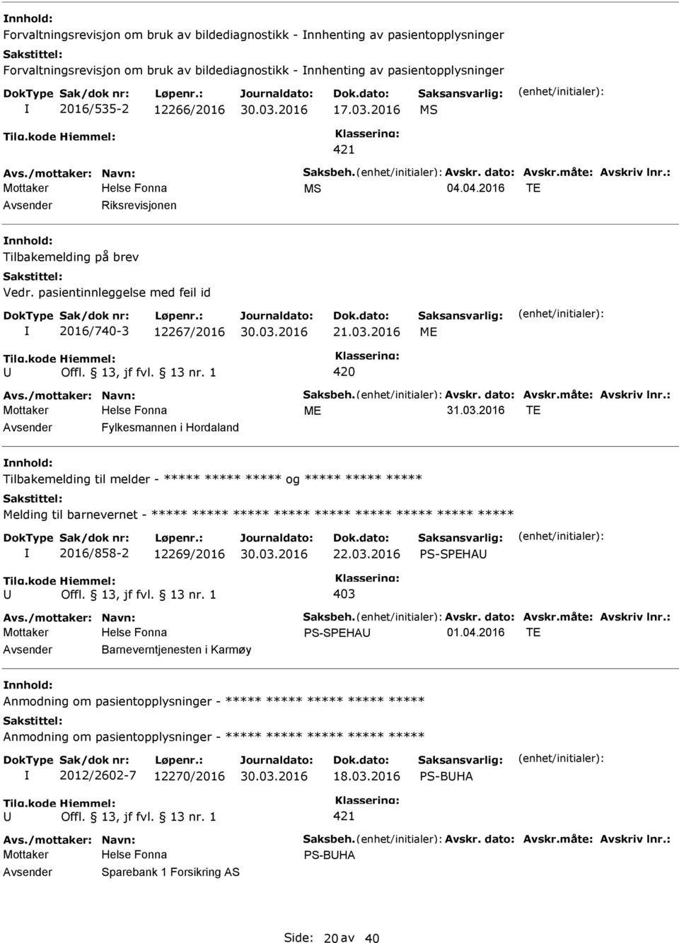 2016 Mottaker 04.04.2016 TE Riksrevisjonen Tilbakemelding på brev Vedr. pasientinnleggelse med feil id 2016/740-3 12267/2016 21.03.