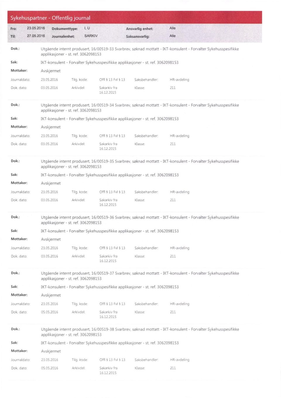 : Utgående internt produsert, 16/00519-34 Svarbrev, søknad mottatt - IKT-konsulent - Forvalter Sykehusspesifikke Journaldato: 23.05.2016 Tilg, kode: Offl 13 Fv1 13 Saksbehandler: HR-avdeling Dok.