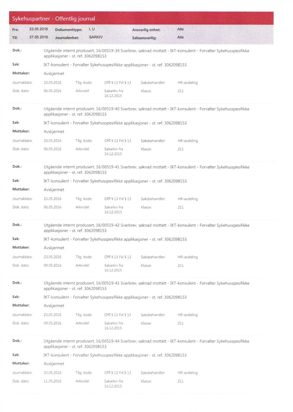 dato: 06.05.2016 Arkivdel: Sakarkiv fra Klasse: 211 16.122015 Dok.: Utgående internt produsert, 16/00519-40 Svarbrev, søknad mottatt - IKT-konsulent - Forvalter Sykehusspesifikke Journaldato: 23.05.2016 Tilg.