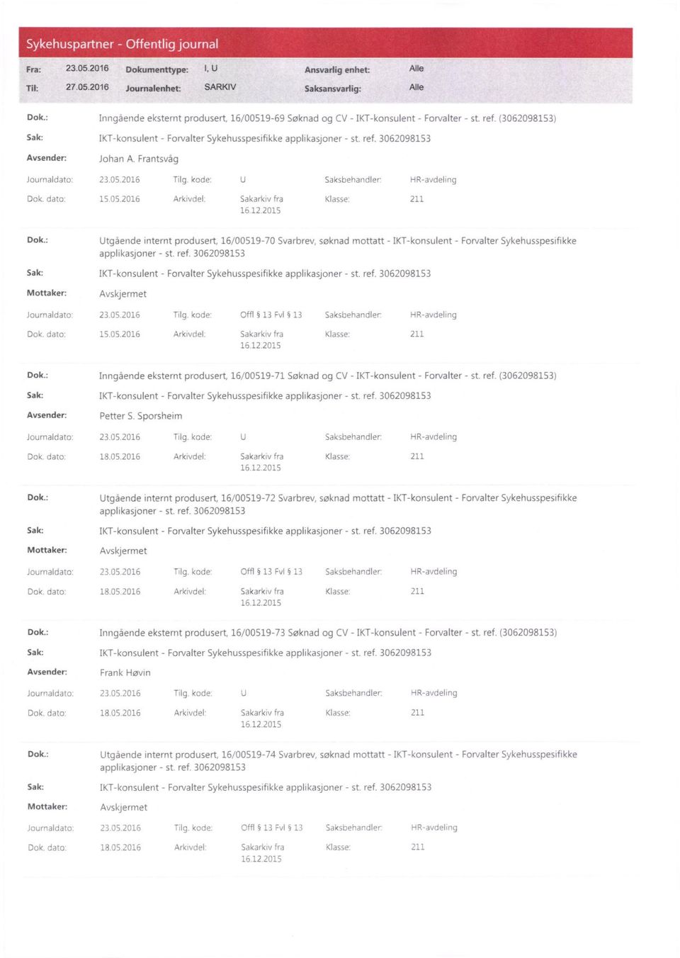 : Utgående internt produsert, 16/00519-70 Svarbrev, søknad mottatt - IKT-konsulent - Forvalter Sykehusspesifikke Journaldato: 23.05.2016 Tilg. kode: Offl 13 Fv1 13 Saksbehandler HR-avdeling Dok.