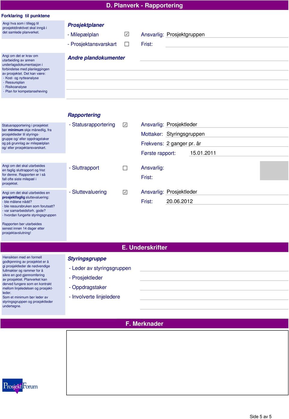 Det kan være: - Kost- og nytteanalyse - Ressursplan - Risikoanalyse - Plan for kompetanseheving Prosjektplaner - Milepælplan Ansvarlig: - Prosjektansvarskart Frist: Andre plandokumenter