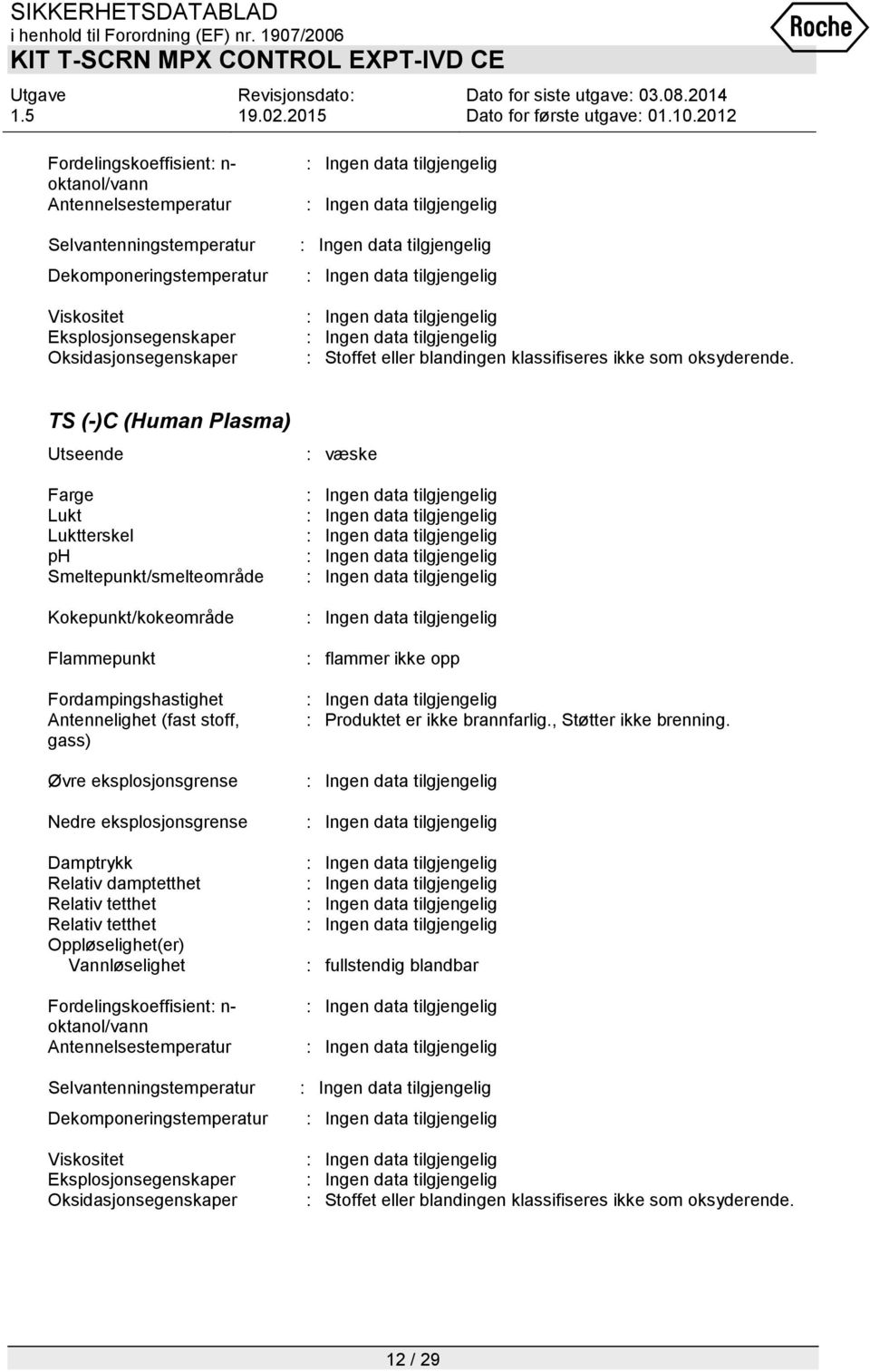 TS (-)C (Human Plasma) Utseende Farge Lukt Luktterskel ph Smeltepunkt/smelteområde Kokepunkt/kokeområde Flammepunkt Fordampingshastighet Antennelighet (fast stoff, gass) Øvre eksplosjonsgrense Nedre