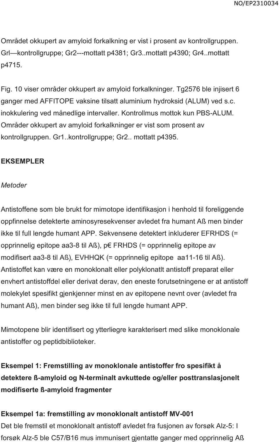 Kontrollmus mottok kun PBS-ALUM. Områder okkupert av amyloid forkalkninger er vist som prosent av kontrollgruppen. Gr1..kontrollgruppe; Gr2.. mottatt p4395.