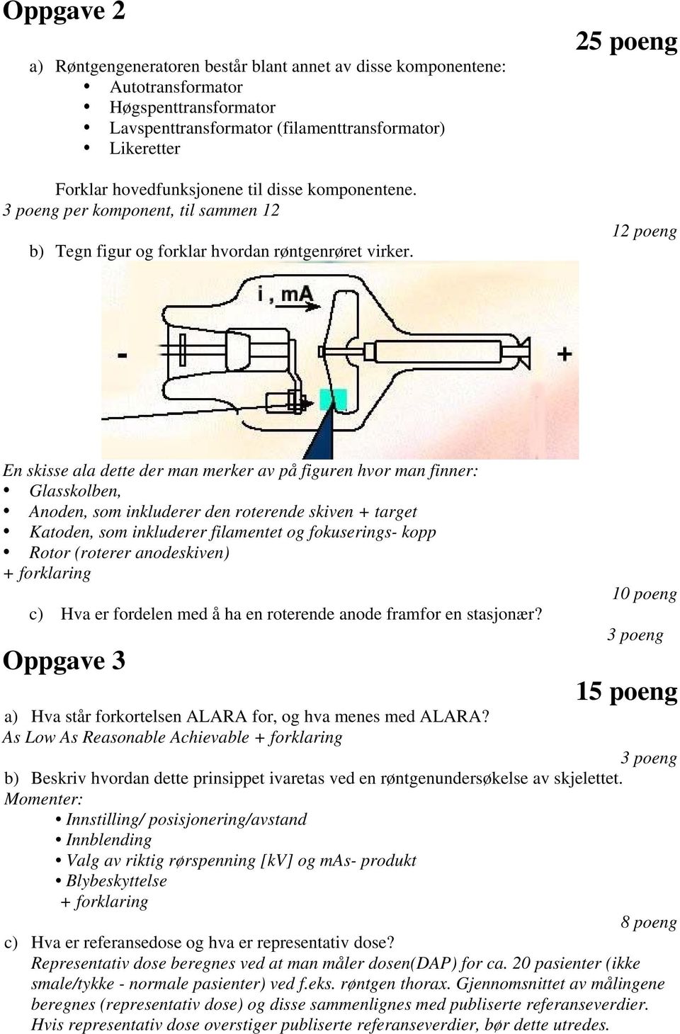 25 poeng 12 poeng En skisse ala dette der man merker av på figuren hvor man finner: Glasskolben, Anoden, som inkluderer den roterende skiven + target Katoden, som inkluderer filamentet og