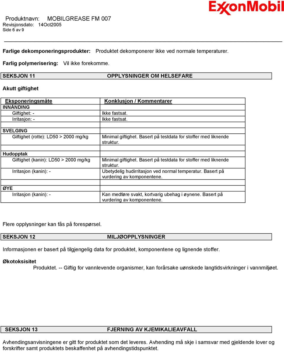 Irritasjon (kanin): - ØYE Irritasjon (kanin): - Konklusjon / Kommentarer Ikke fastsat. Ikke fastsat. Minimal giftighet. Basert på testdata for stoffer med liknende struktur.