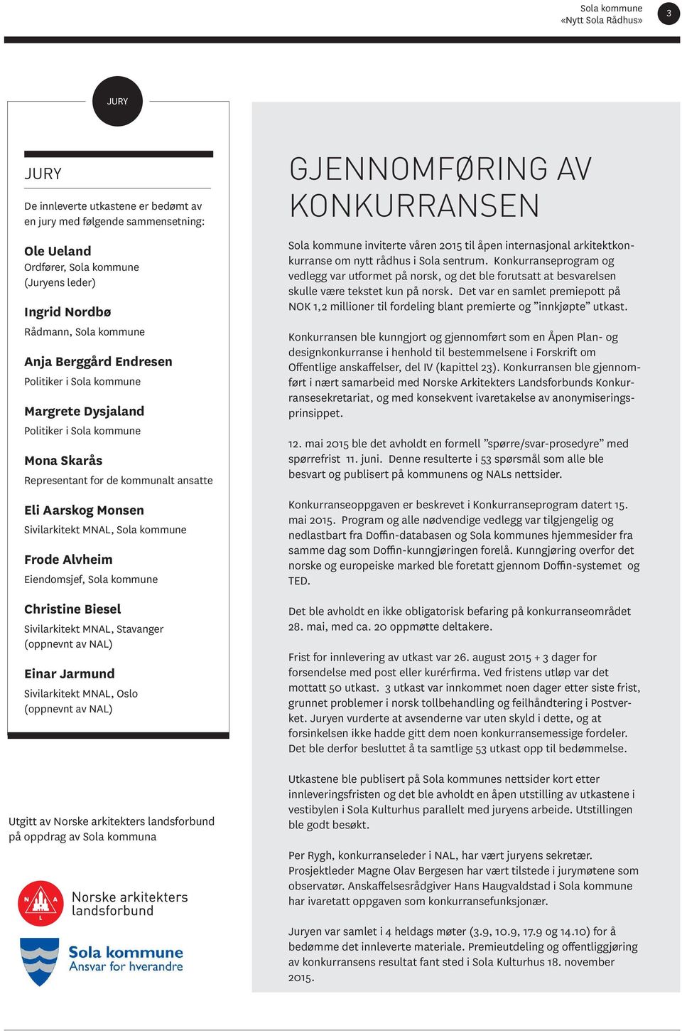 Jarmund Sivilarkitekt MNAL, Oslo (oppnevnt av NAL) Utgitt av Norske arkitekters landsforbund på oppdrag av Sola kommuna GJENNOMFØRING AV KONKURRANSEN inviterte våren 2015 til åpen internasjonal