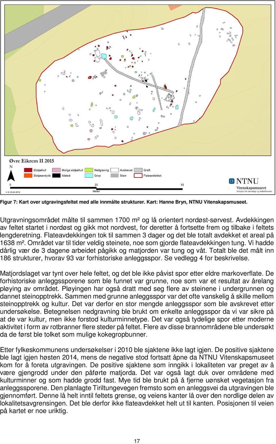 Flateavdekkingen tok til sammen 3 dager og det ble totalt avdekket et areal på 1638 m². Området var til tider veldig steinete, noe som gjorde flateavdekkingen tung.