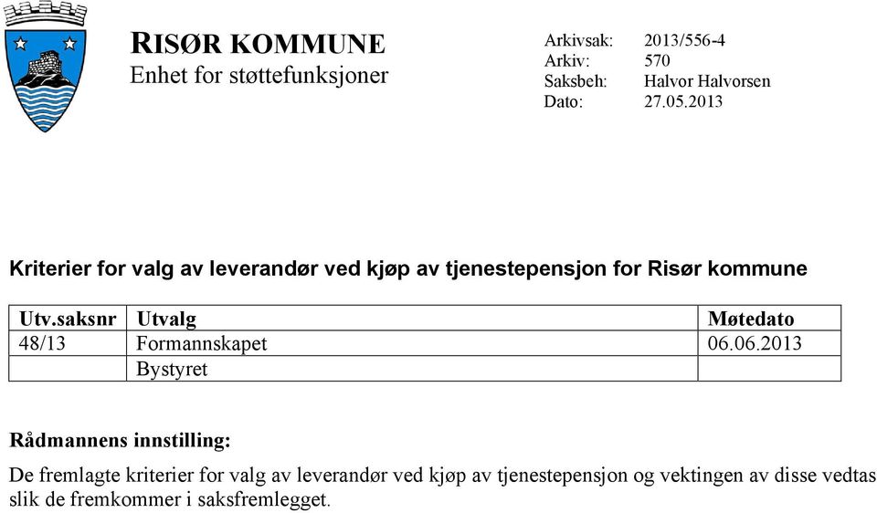 saksnr Utvalg Møtedato 48/13 Formannskapet 06.