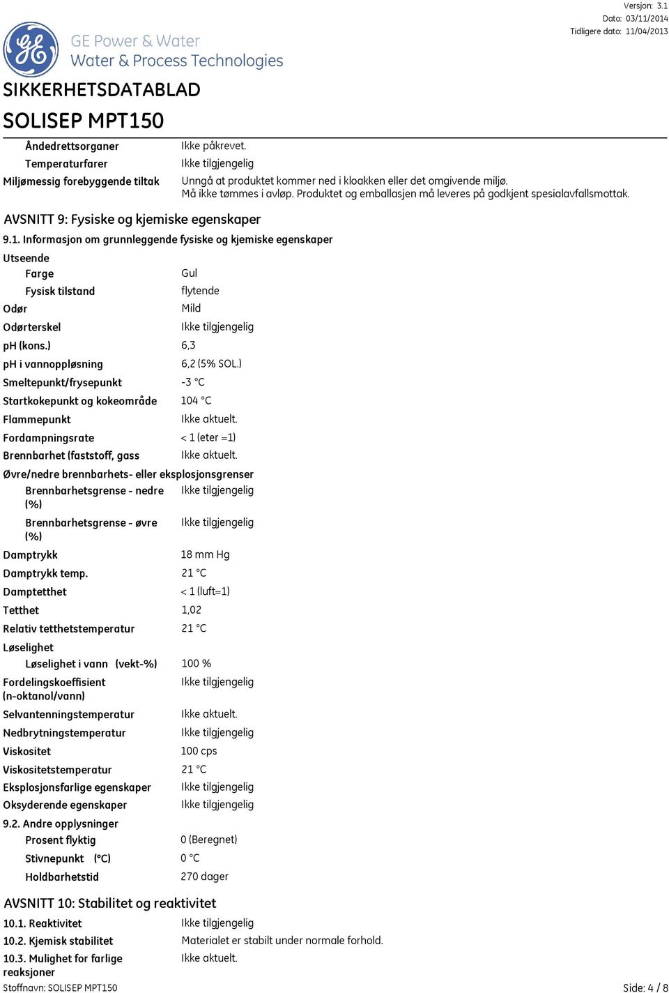 Informasjon om grunnleggende fysiske og kjemiske egenskaper Utseende Farge Odør Fysisk tilstand Odørterskel Gul flytende Mild ph (kons.