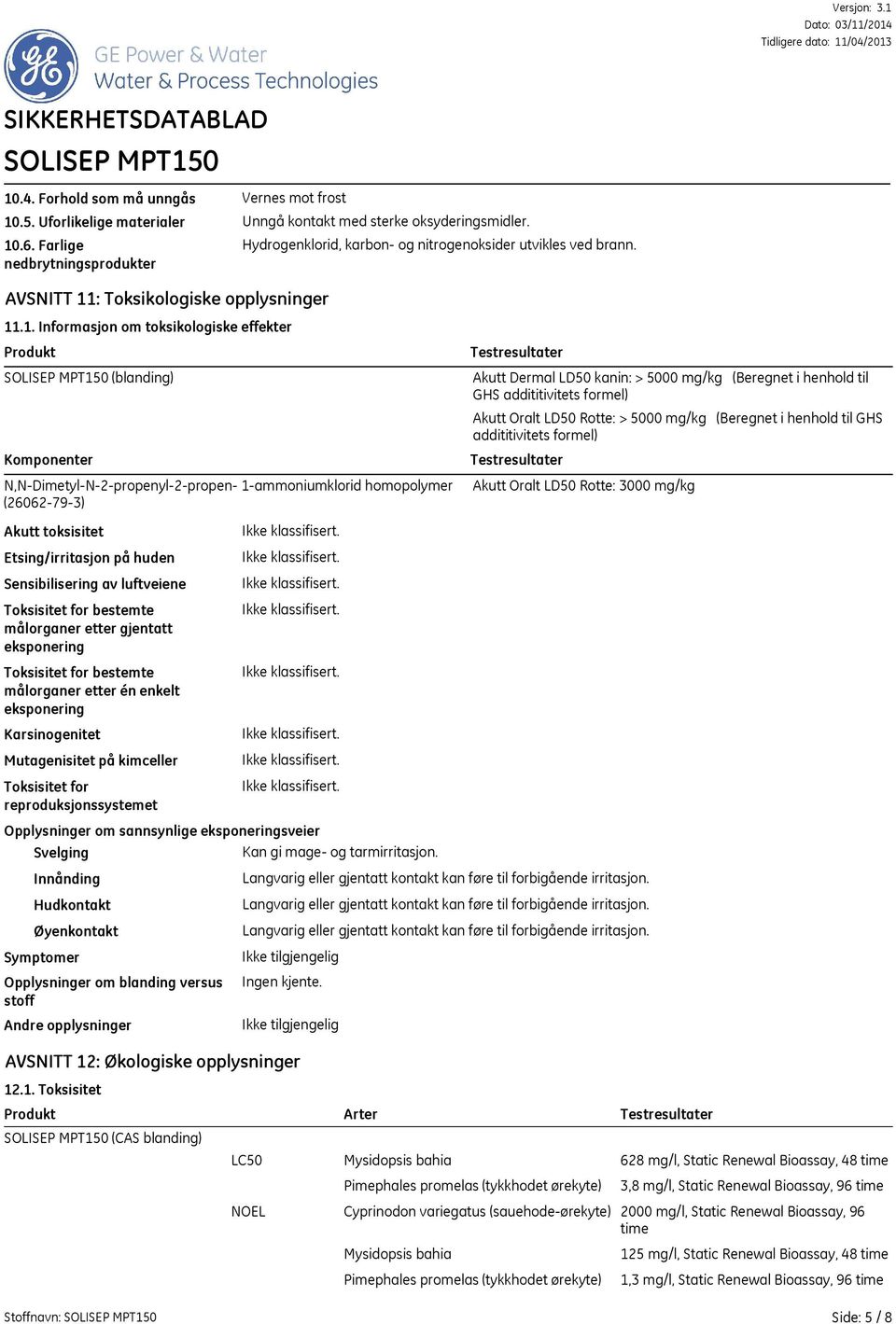 addititivitets formel) Akutt Oralt LD50 Rotte: > 5000 mg/kg (Beregnet i henhold til GHS addititivitets formel) Testresultater Akutt Oralt LD50 Rotte: 3000 mg/kg Akutt toksisitet Etsing/irritasjon på