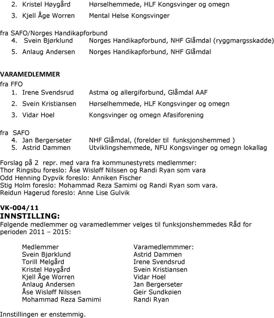 Irene Svendsrud Astma og allergiforbund, Glåmdal AAF 2. Svein Kristiansen Hørselhemmede, HLF Kongsvinger og omegn 3. Vidar Hoel Kongsvinger og omegn Afasiforening fra SAFO 4.