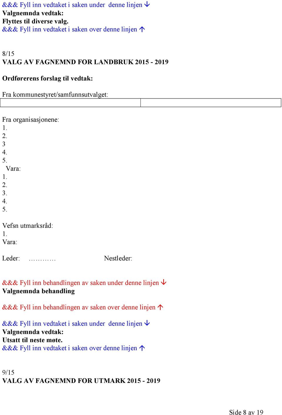 organisasjonene: 1. 2. 3 4. 5. Vara: 1. 2. 3. 4. 5. Vefsn utmarksråd: 1.