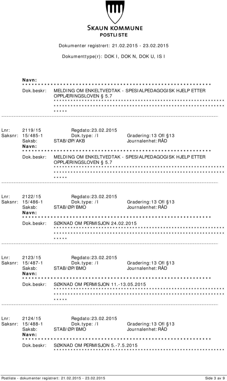 2015 Saksnr: 15/486-1 Dok.type: /I Gradering:13 Ofl 13 SØKNAD OM PERMISJON 24.02.2015 Lnr: 2123/15 Regdato:23.02.2015 Saksnr: 15/487-1 Dok.