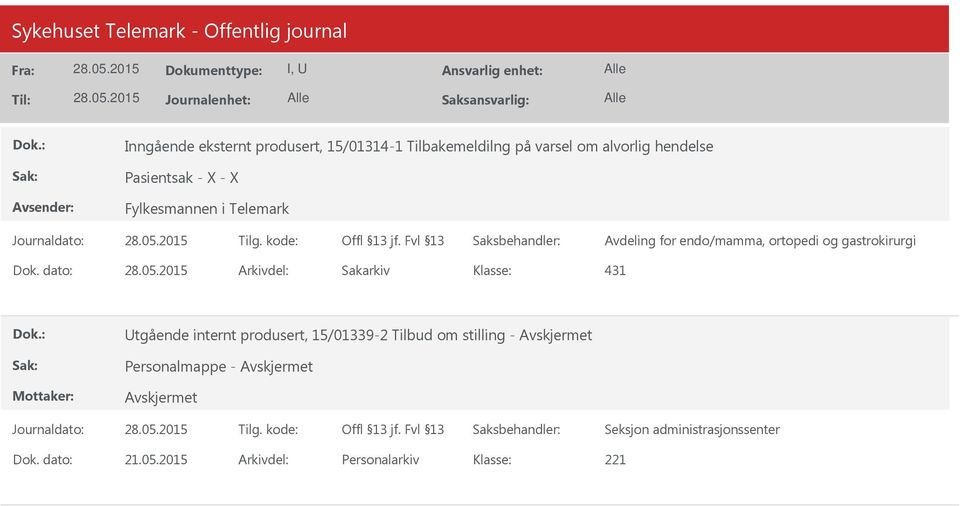 endo/mamma, ortopedi og gastrokirurgi 431 Utgående internt produsert,