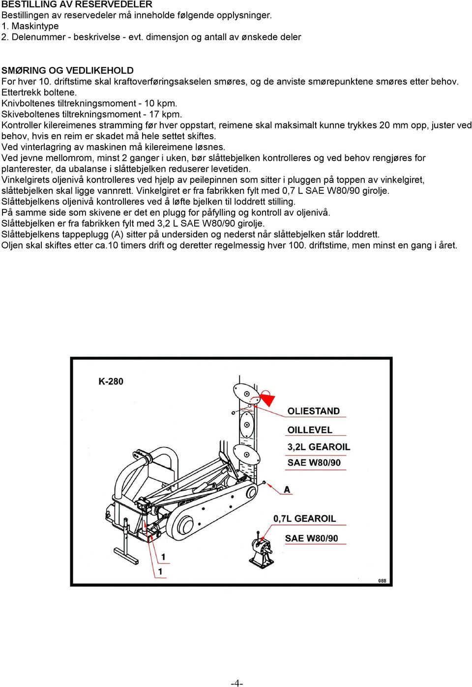 Knivboltenes tiltrekningsmoment - 10 kpm. Skiveboltenes tiltrekningsmoment - 17 kpm.