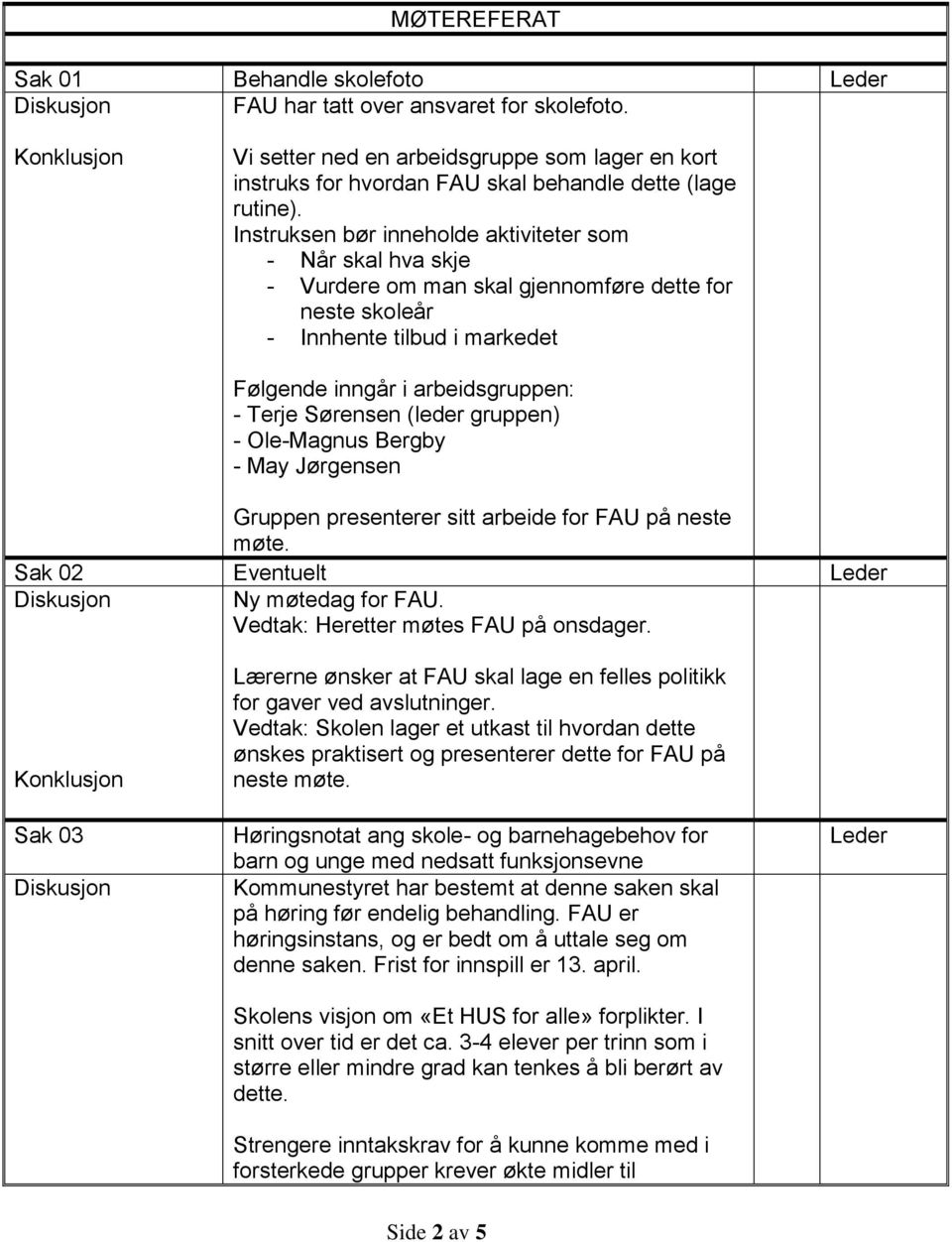 (leder gruppen) - Ole-Magnus Bergby - May Jørgensen Gruppen presenterer sitt arbeide for FAU på neste møte. Sak 02 Eventuelt Leder Ny møtedag for FAU. Vedtak: Heretter møtes FAU på onsdager.