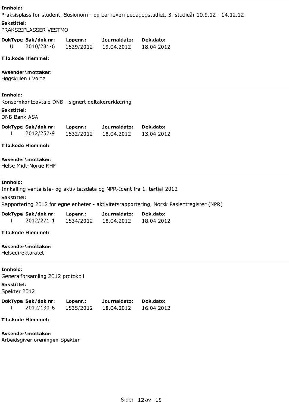 12 PRAKSSPLASSER VESTMO 2010/281-6 1529/2012 Høgskulen i Volda Konsernkontoavtale DNB - signert deltakererklæring DNB Bank ASA 2012/257-9