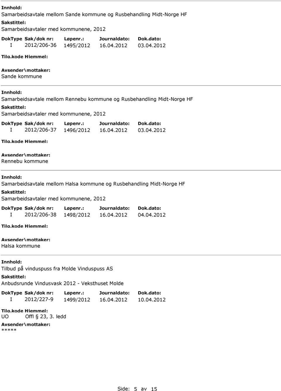 2012 Rennebu kommune Samarbeidsavtale mellom Halsa kommune og Rusbehandling Midt-Norge HF Samarbeidsavtaler med kommunene, 2012 2012/206-38 1498/2012 04.