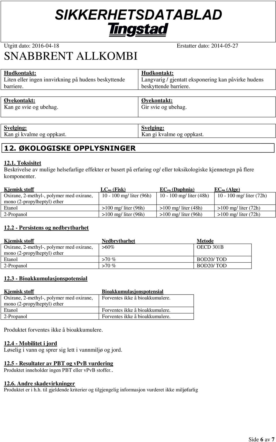 Kjemisk stoff LC 50 (Fisk) EC 50 (Daphnia) EC 50 (Alge) Oxirane, 2-methyl-, polymer med oxirane, 10-100 mg/ liter (96h) 10-100 mg/ liter (48h) 10-100 mg/ liter (72h) Etanol >100 mg/ liter (96h) >100