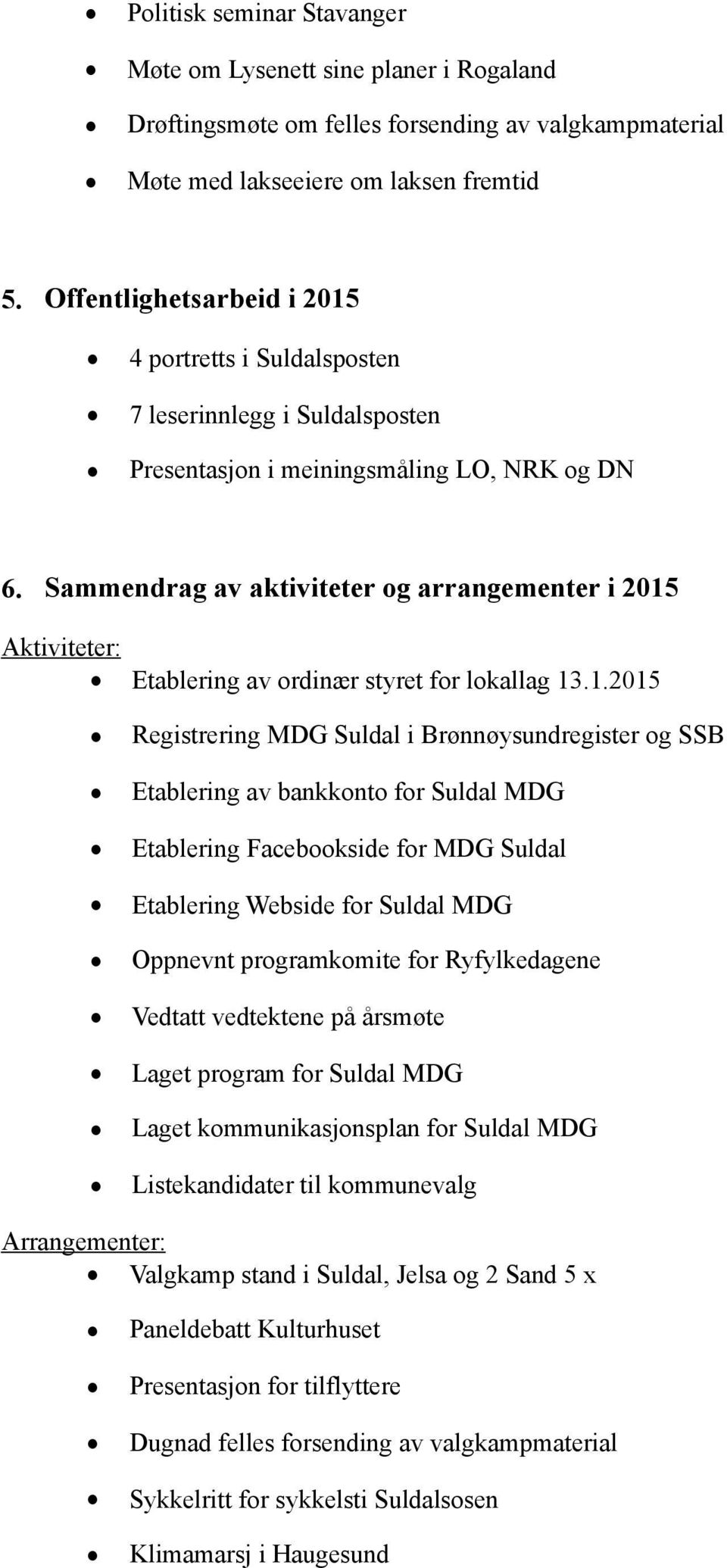 Sammendrag av aktiviteter og arrangementer i 2015